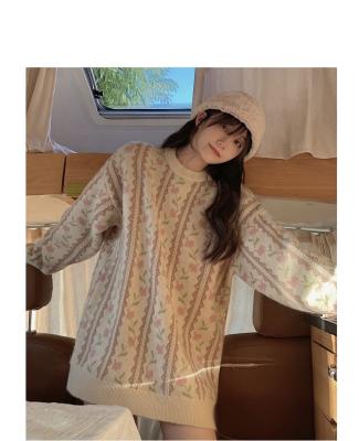 China Fashion Breathable Cherry Blossoms Knitted Sweater Pullover Retro Loose Round Neck Light Pink Top for sale