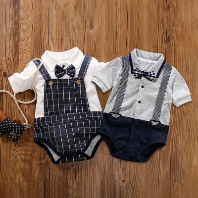 China Eco-friendly baby clothing gentleman jumpsuit summer shorts infant plaid faux sleeve suspender pants home climbingBaby triangle rompers for sale