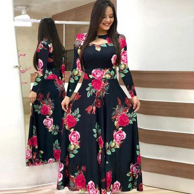 China Spring Anti-static Elegant Women's Maxi Dresses Fashion Hollow Out Bohemia Flower Print Casual Dress Plus Size S-5XL for sale