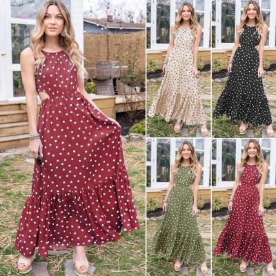 China Washable Sleeveless Beach Maxi Elegant Casual Maxi Dresses Halter Strap Polka Dot Printed Women Dress for sale