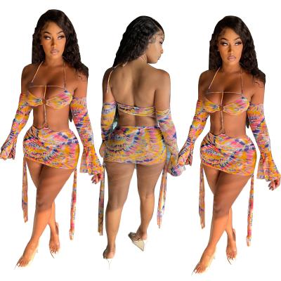 China 2021 Amazon AliExpress hot style breathable mesh bandage nightclub digital printing transparent skirt for sale