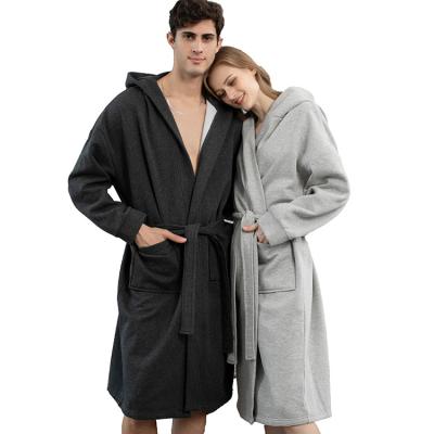 China New Design Waffle Long Robe Couples Fleece Hooded Bathrobe Pajamas Cotton Loose Comfortable Nightgown QUICK DRY Pajamas for sale