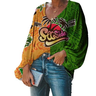 China Fashionable Women's Anti-pilling Clothes Tops Polynesian Blouses Polynesian Blouse Women Clothing Vintage T-shirt Plumeria Turquoise Color Polynesian Blouses for sale