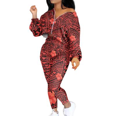 China Plus Size Somoa Style Polynesian Hawaiian Hibiscus Red Stripe Printed Plus Size Bodycon 2Pcs Womens Zipper Long Sleeves And Pants Suit for sale