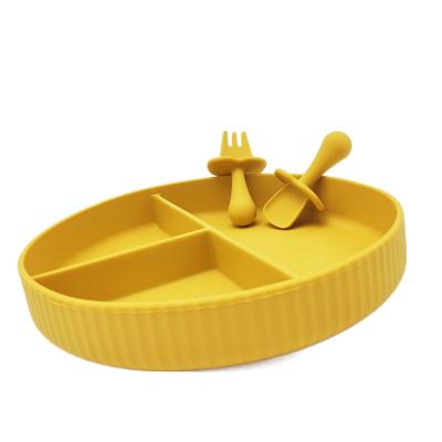 China 2021 New Baby Sustainable Baby Bib Silicone Feeding Set Dinner Non-Slip Suction Dishes With Spoon And Fork Set for sale