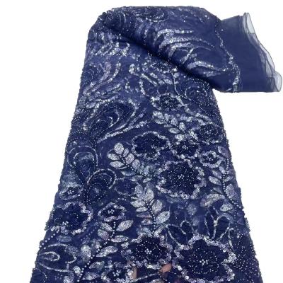 China Top quality Wedding Party Dress Bridal Dress navy blue  Fabric Beaded lace with sequins Austria Embroidery French Lace for sale