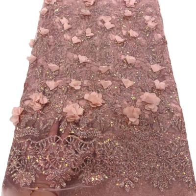 China Hot 3D flowers lace French Bridal Wedding Dress Austria flowers tulle lace women clothing Nigerian sequins net lace for sale