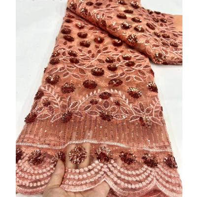 China African Tulle Lace Fabric High-end Embroidery Sequins for Party African Fashion Sustainable Embroidered 5 Yards Bazin Fabric for sale