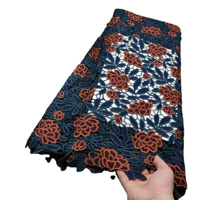 China Supoo In Stock African Nigeria Cord Embroidered Lace Navy Blue Guipure Lace Embroidery Fabric for sale