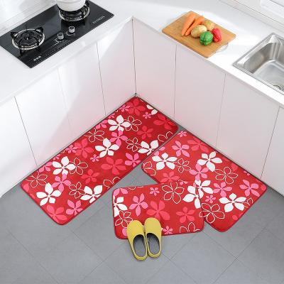 China 3 Pcs Flower Pattern Memory Foam Washable Waterproof Kitchen Mat Set With Non-Slip PVC Backing for sale