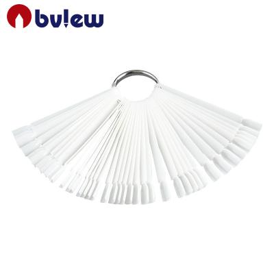 China 50 Pcs Fan-shaped Fake Nail Art Tips Nail Sample Sticks White Nail Polish Practice Display Sticks With Metal Slot Ring for sale