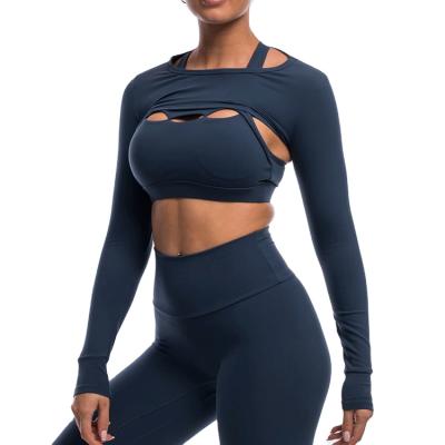 China Fitness Wear Women 2021 Yoga Cropped Length Crew Neck Breathable And Yoga Outfits Long Sleeve Tight Shirt Compression Crop Top for sale