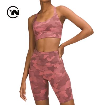 China Breathable Gym Yoga Fitness Sets Women Camouflage Print Tight Short Cross Strap Womens Gym Yoga Wear Gaiters Back Bra Set for sale