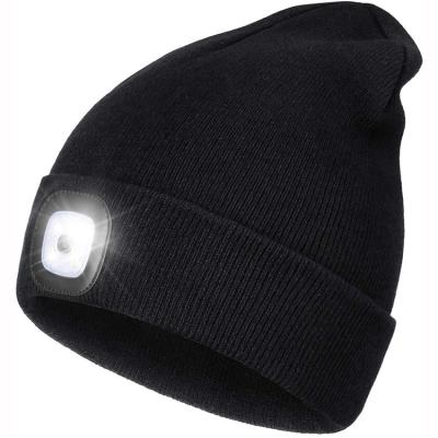 China COMMON USB Rechargeable Winter Knit Unisex LED Lighted Beanie Hat With Headlamp for sale