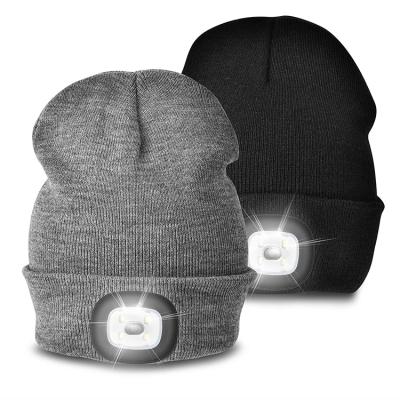 China New Product Winter COMMON Warm Knitted Thermal USB Beanie Hat With Rechargeable 4 LED Headlight for sale