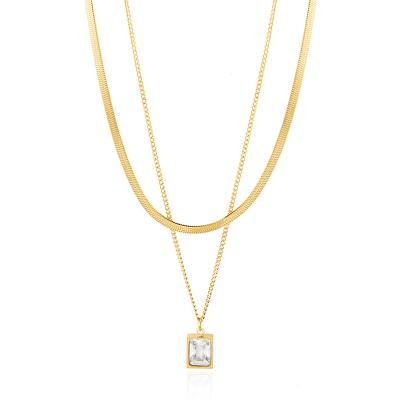 China FASHIONABLE Double Square Diamond Stainless Steel Necklace Pendant Layered Titanium Steel Plated Gold 14 Simple Flat Snake Chain Fashion for sale