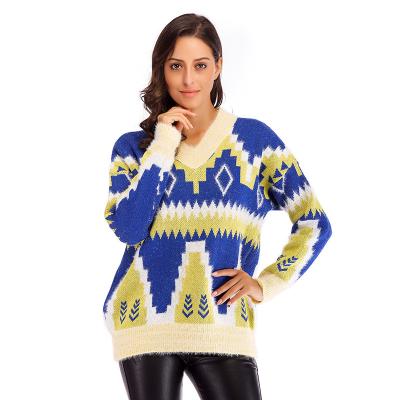 China Anti-wrinkle women's knitwear 2023 pattern contrast color Aztec geometric sweater in Europe and America border women's sweater for sale