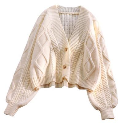 China 2022 Anti-wrinkle Autumn Winter lantern sleeve cardigan knitted casual sweater women solid color plus size women's cardigan sweater jacket for sale