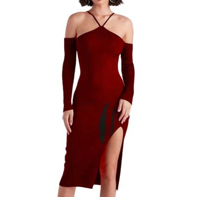 China Manufacturers Summer Knitwear Hanging Neck Design Women Long Sleeve Strapless Dress Wholesale Anti-Static Sexy Sweater Knit Bodycon Dress for sale