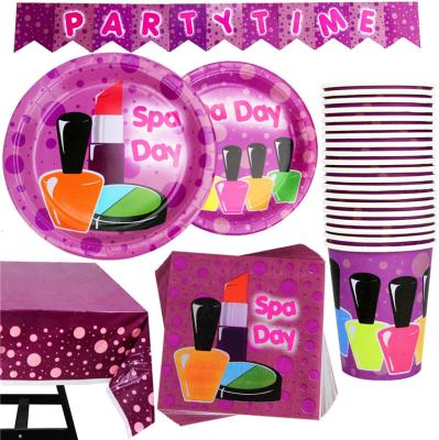 China Party Tableware Decoration Girls Spa Day Color Prints Theme Decoration Party Time Party Supplies Purple Tableware for sale