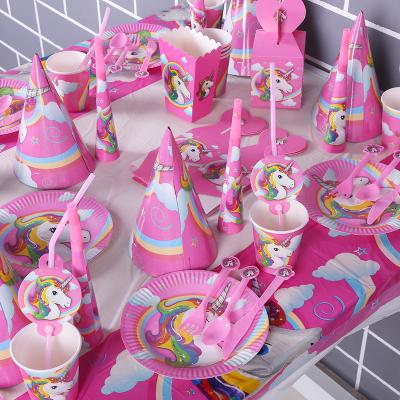 China Fantasy Pink Unicorn Theme Banner Cup Tableware Paper Plate Set Food Container Birthday Party Decoration Paper Plate Set for sale