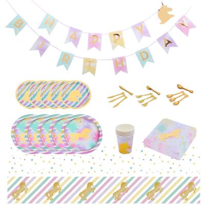 China Food Container Birthday Party Decoration Paper Plate Set Unicorn Gold Theme Banner Cup Tableware Paper Plate Hot Stamping Magic Set for sale