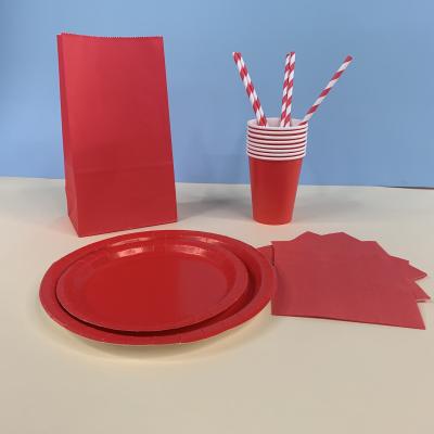 China Food Container Stock Solid Color Party Supplies Decoration Birthday Kids Red Disposable Tableware Party Set for sale