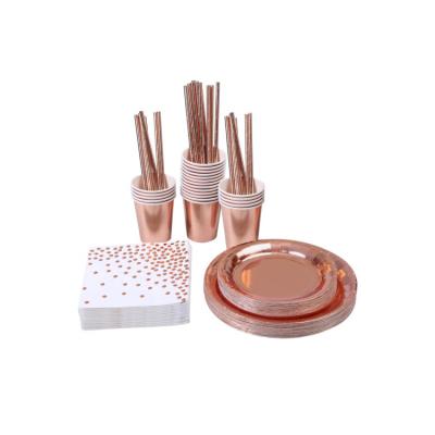 China Rose Gold Party Decoration Set Rose Gold Plate Paper Cup Wedding Paper Cup Wedding Birthday Party Supply Set for sale