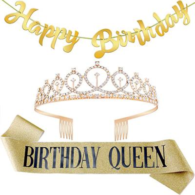 China Birthday Decoration Birthday Party Girl Birthday Sash Crown Banner Silver Gold Silver Birthday Sash Set for sale