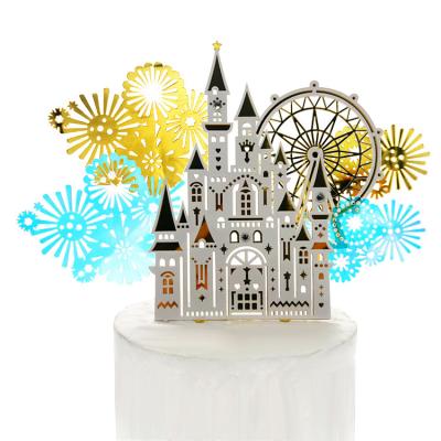 China Cute White and Gold Castle Cake Topper Decoration Cake Sparkles Fly Ferris Roll Acrylic Cake Topper for sale