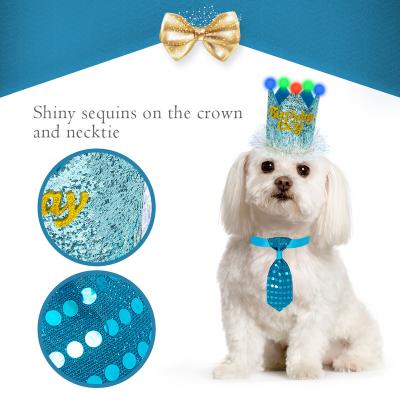 China New Design Bling Light Drum Hat Sequin Tie Happy Birthday Dog Bowtie Pet Hats Blue Stocked Birthday Dog Hats For Birthdays for sale