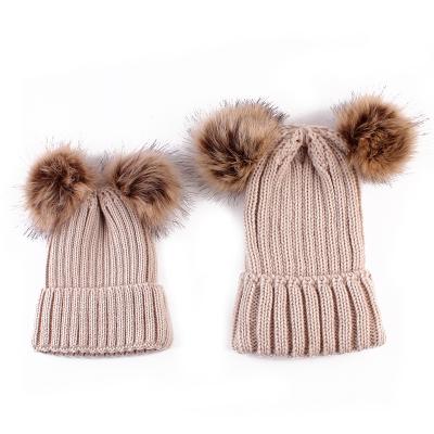 China Miyar 2PCS/set COMMON MY Mum Mother+Baby Knit Pom Bobble Hat Kids Girls Winter Beanie Hats Crochet Knit Beanie Warm Hat for sale