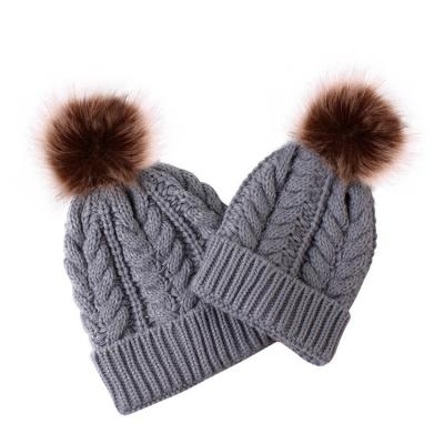 China COMMON my miyar soft warm acrylic flip fur pom pom parent-child hat winter fashion knit beanie custom mum and baby hat for sale