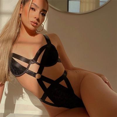 China European and American nightclub Spandex/polyester women lace up sexy perspective underwear onesie for sale