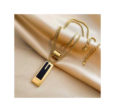 China TRENDY Fashion Women Jewelry 18k Gold Plated Stainless Steel Chain Necklace Rectangle Double Layer Adjustable Pendant Necklace 2023 for sale