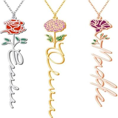 China TRENDY Custom Name Necklace Personalized Flower Name Necklace Birthday Valentine's Day Gift Birth Month Rose Flower Pendant Necklace for sale