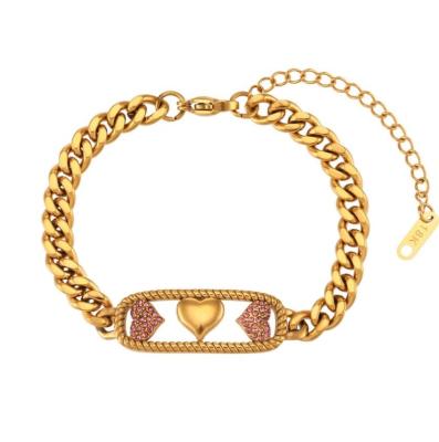 China TRENDY 18k Gold Plated Fine Jewelry Fashion Jewelry Dubai Gold Hollow Out Shining Zircon Heart Bar Bracelet 2023 for sale