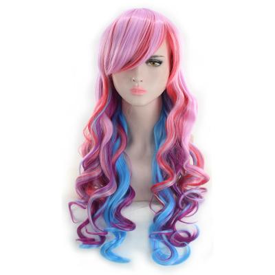 China Hot Selling Colored Ombre Hair Long Curly Synthetic Rainbow Wig Highlight Body Wave Body Wave Wig for sale