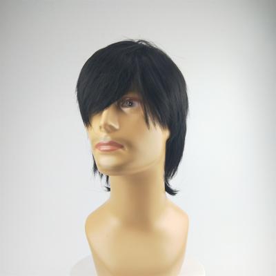 China Beautiful High Temperature Style Short Hair Wire Hairpiece Natural Oblique Black Hair Bangs Wigs For Man for sale