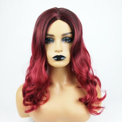 China 1BT Ladies Wine Red Gradual Color Change Curly Hair Waves Long Big European And American Chemical Fiber Hair for sale