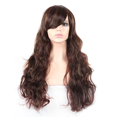 China Body Wave Women Long Oblique Curly Hair Synthetic Gold Bangs Brown Fluffy Costume Wig for sale