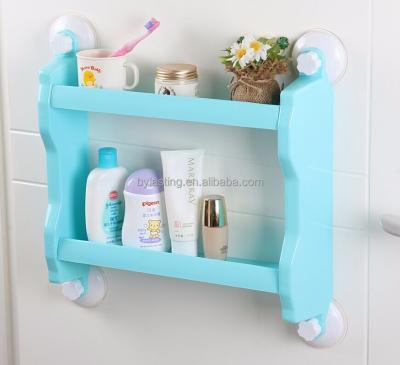 China 2 Layers Sustainable 2 Layers Multifunctional Plastic Bathroom And Kitchen Storage Shelf With Super Suction for sale