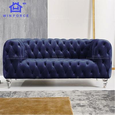 China Modern Luxury Stretch Wood Frame Fabric Living Room Furniture 2 Seats Couch Chesterfield Sofa Set for sale