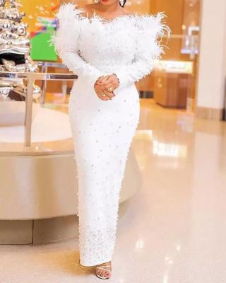 China 2022 Latest Arrival Anti-Wrinkle SlimTight Feather Bottom Pearl Nail Long Shoulder Sleeve Dresses Formal Dress Women White Party Dresses for sale