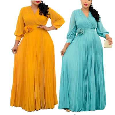 China New viable design Tommuter temperament splicing high waist loose dress long plus size women's dress pleated dress with free belt for sale