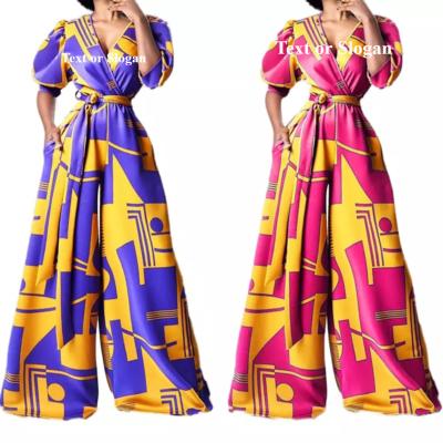 China 2022 Summer European and American women's romper waist strap V-neck QUICK-DRY top printing African wide leg pants overalls for sale