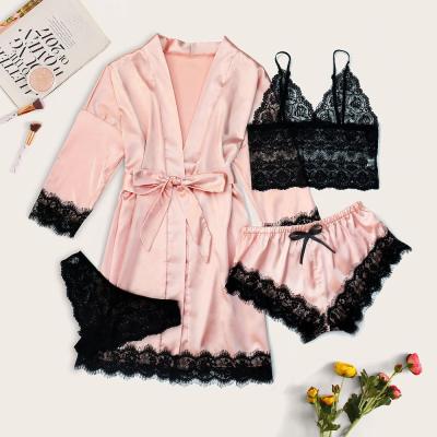 China 2022 Hot Selling Women's POLYESTER POLYESTER Floral Lace Trim Long Robe Cami Pajama Set With 4Pcs Satin Long Robe for sale