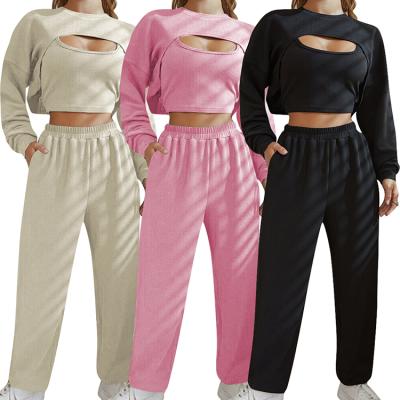 China European and American hot-selling fashion polyester/cotton new 2022 spring waffle sports jogging three-piece suit for sale