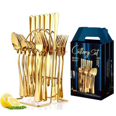 China Factory Stocked Wholesale Best Selling Stainless Steel Knife Fork Spoon Set Luxury Gold 24pcs Flatware Cutlery Set With Stand for sale