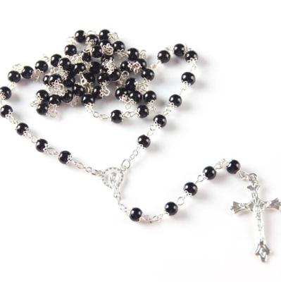 China Durable Black Imitation Pearl Beads 6mm Rosary With Cover Catholic Rosary Necklace For Women And Girls for sale